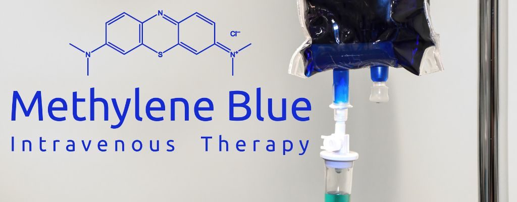 Methylene Blue hanging in an IV drip bag